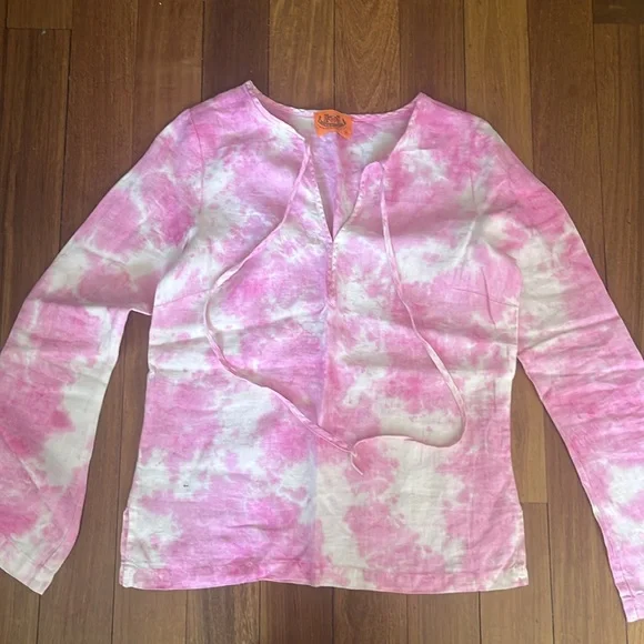 Juicy Couture Pink Linen Tie Dye Bell
Sleeve Blouse sz S Excellent Condition - Picture 8 of 8
